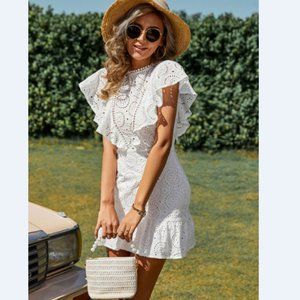 Eyelet Butterfly Sleeve Ruffle Hem Dress